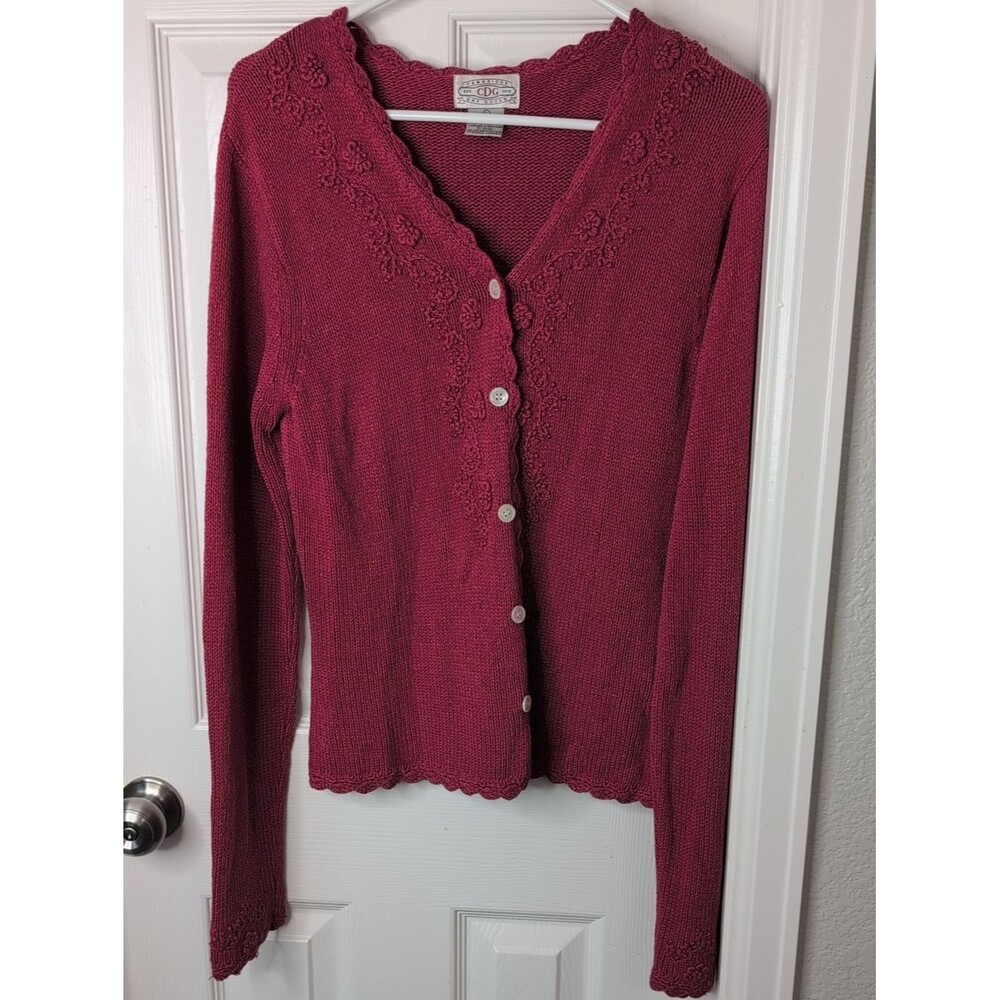 Cambridge Dry Goods 100% Silk Vintage Raspberry Scalloped-Edge Button Cardigan